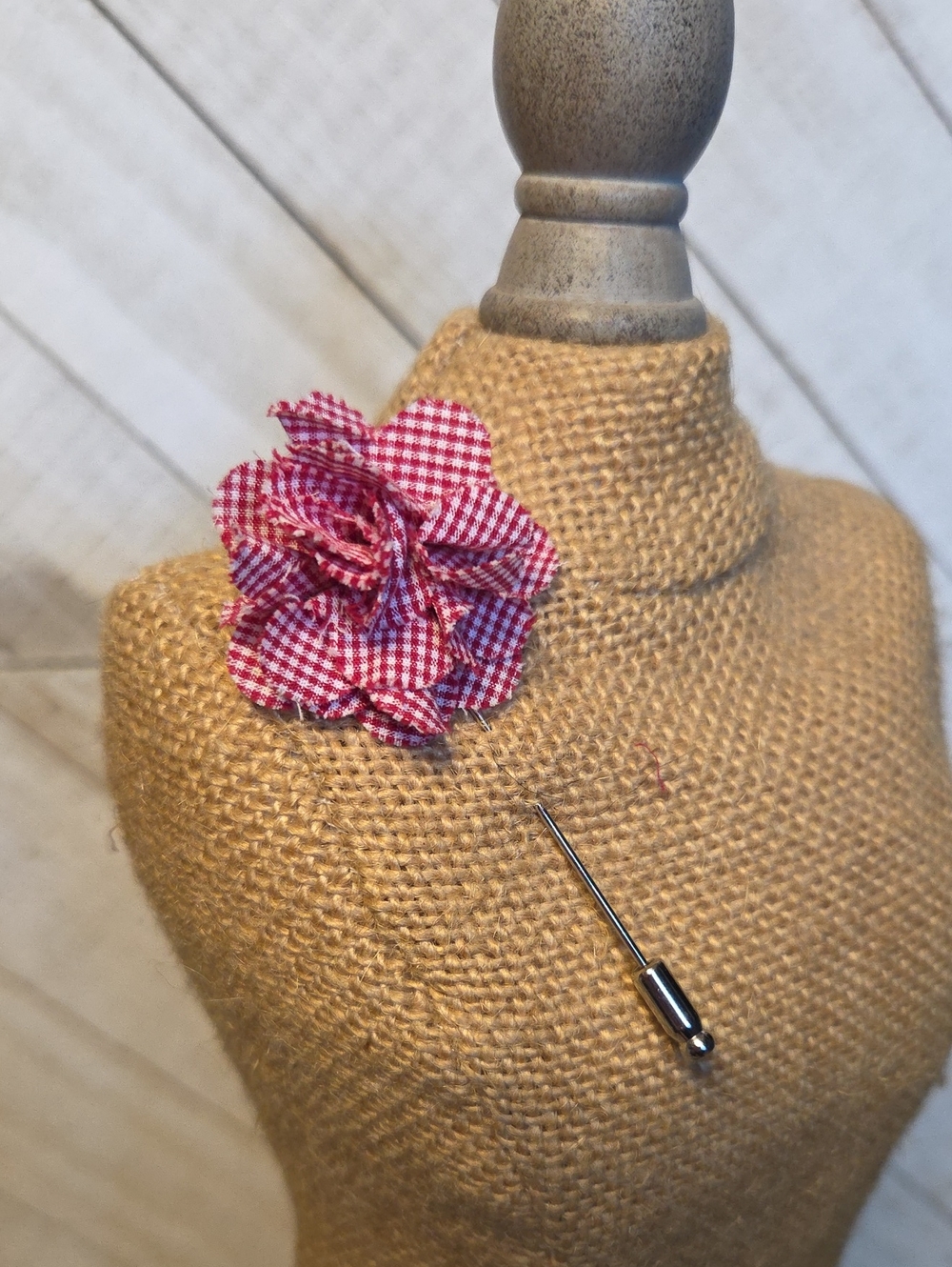 Vintage Gingham Red And White Flower Lapel Pin